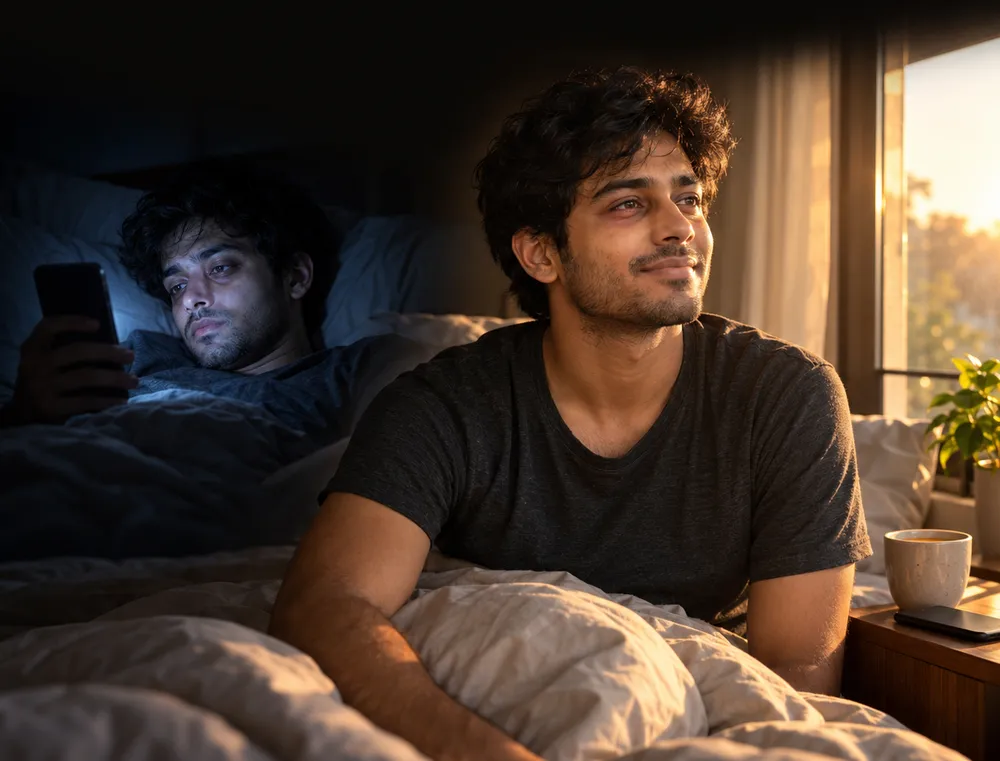 Illustration: on the left, a young man scrolling in bed late at night; on the right, the same man waking up rested in morning light