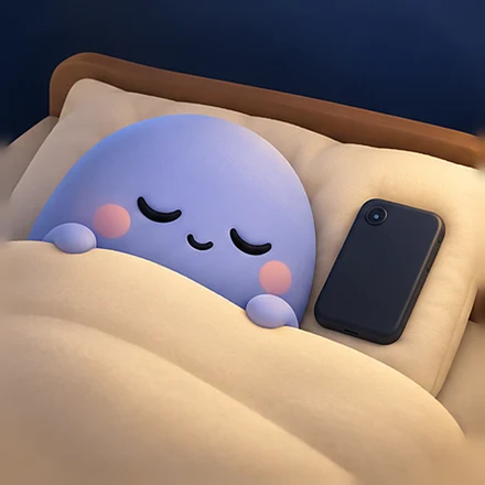 The Lights Out mascot asleep in bed, phone face-down on the pillow